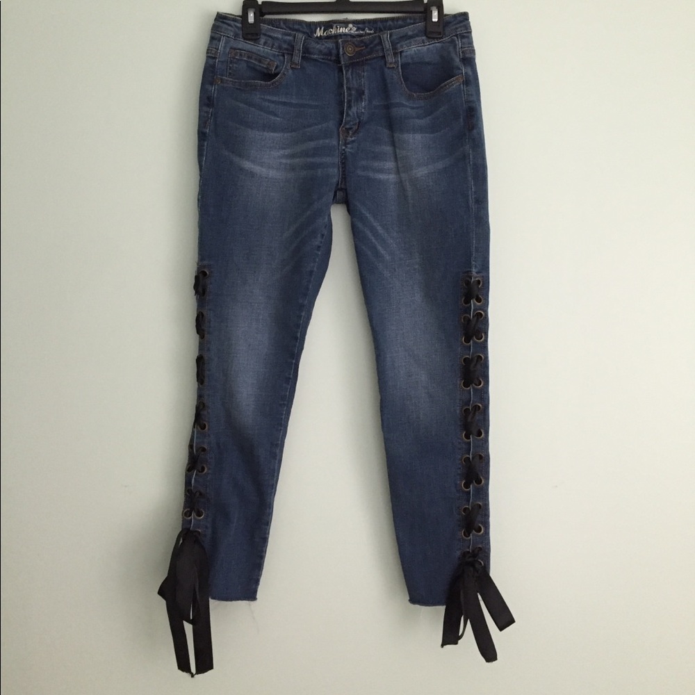 Dark Wash Skinny Jeans w Laced Up Ribbon Sides